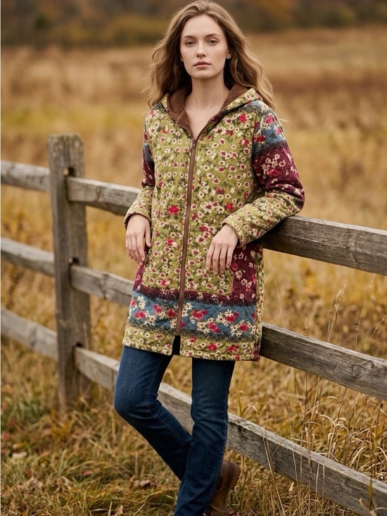 Cellabie Jackets & Blazers - Cellabie Cotton Fleece Lined Floral Patchwork Hooded Coat